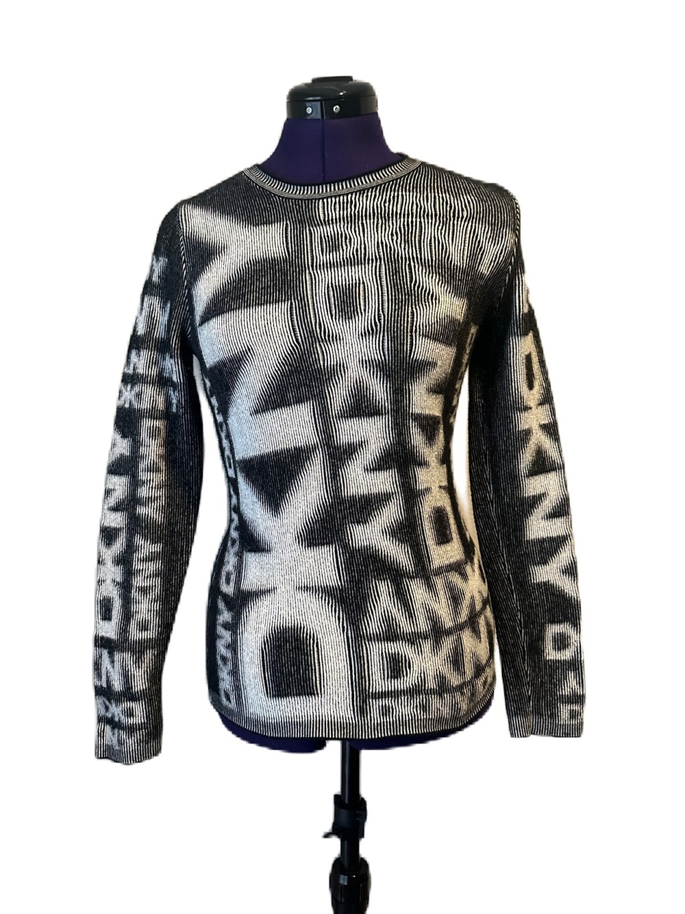 DKNY Black White Logo Jacquard Crewneck Sweater